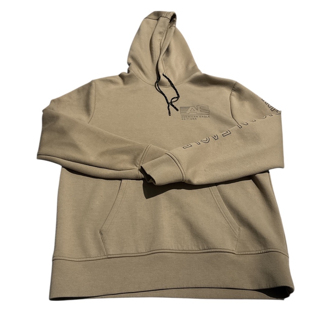 American Eagle Outfitters Men Tan Long Sleeve Pullover Hoodie Sweatshirt Medium